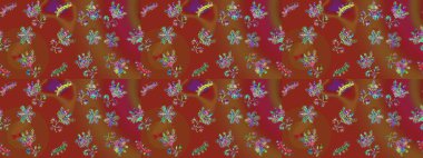 Kar tanelerinin soyut arkaplanlı Noel şablonu. Raster illüstrasyonu. Kahverengi, kırmızı ve yeşil renkler. Noel ve Yeni Yıl moda baskıları için tatil tasarımı.