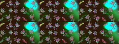 Modern çiçek arkaplanı. Halk tarzı. Parlak renkli çiçekleri ve kahverengi, yeşil ve mavi renklerde yaprakları olan şaşırtıcı, pürüzsüz çiçek deseni. Moda baskıları için zarif bir şablon.