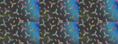 Kar tanelerinin soyut arkaplanlı Noel şablonu. Raster illüstrasyonu. Gri, mavi ve yeşil renkler. Noel ve Yeni Yıl moda baskıları için tatil tasarımı.