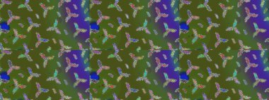 Düz yatıyordu. Yeşil, mavi ve mor renkte kar tanelerinden oluşan kış deseni. Raster illüstrasyonu. Kış konsepti.