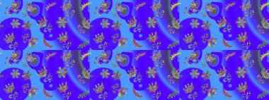 Karşılama ya da düğün geçmişi olarak kullanılabilir. Menekşe, mavi ve yeşil çiçekli Raster eskiz deseni. Doğal kozmetik ürünleri, parfüm, çiçekçi dükkanı için bahar ihalesi tasarımı. Paket kağıdı için en iyisi..