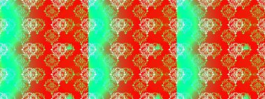 Raster - stok. Kusursuz bir arka plan modeli. Yapraklı çiçekler ve kırmızı, yeşil ve turuncu renkli papatya çiçekleri..