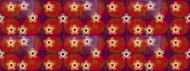 Raster illüstrasyonu. Noel ve yeni yıl moda baskıları için tatil tasarımı. Kırmızı, mor ve kahverengi renkler. Kar tanelerinin soyut arkaplanlı Noel deseni.