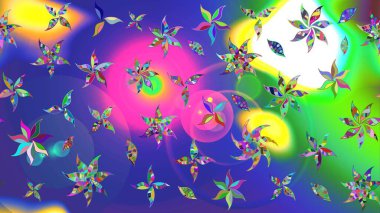 Eskiz arkaplan modeli. Raster - stok. Yapraklı çiçekler ve mavi renkli papatya çiçekleri..