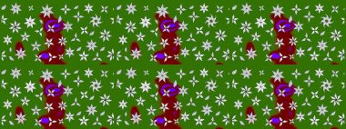 Çok yeşil zarif küçük çiçekler ve yeşil renkli komik böcekler, raster desen, illüstrasyon.