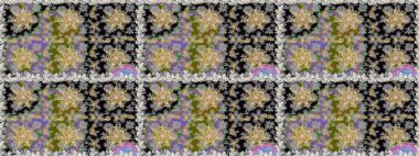 Gri renkli desen. Kına dövmeli süs çiçekleri, altın çıkartmalar, mehndi ve yoga tasarımı, kartlar ve parmak izleri. Raster altın mehndi kusursuz desen.