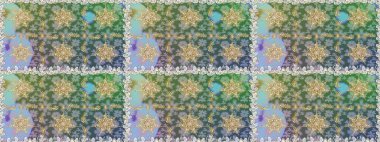 Tekrarlayan elementlerle kusursuz soyut arkaplan. Klasik raster şablonu. Yeşil ve altın desenli.