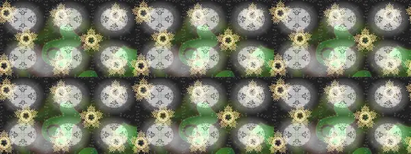 Gri, yeşil ve nötr kar taneleri. Raster illüstrasyonu. Noel ve yeni yıl moda baskıları için tatil tasarımı. Kar tanelerinin soyut arkaplanlı Noel deseni.