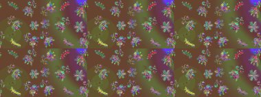 Kar tanelerinin soyut arkaplanlı Noel şablonu. Kahverengi, yeşil ve mor kar taneleri. Raster illüstrasyonu. Noel ve Yeni Yıl moda baskıları için tatil tasarımı.