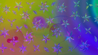 Modern çiçek arkaplanı. Moda baskıları için zarif bir şablon. Parlak renkli çiçekli ve yeşil yapraklı harika bir çiçek deseni. Halk stili.