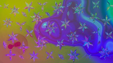 Halk tarzı. Parlak renkli çiçekleri ve mor renkli yaprakları olan harika bir çiçek deseni. Modern çiçek arkaplanı. Moda baskıları için zarif bir şablon.