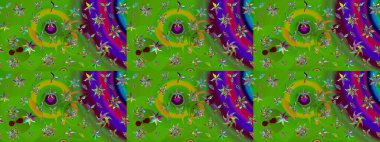 Suluboya elle çizilmiş çiçek desenli eskiz deseni. Parlak renkli fantezi çiçekleri, yapraklar, yeşil renkli tomurcuklar.