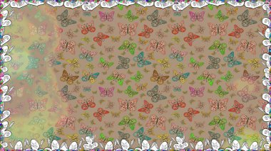 Renkli kelebeklerin kusursuz arka planı. Ambalajlar, duvar kağıtları, kumaş tasarımı ve kağıt için güzel bir arka plan. Raster illüstrasyonu. Bej ve nötr üzerinde sevimli kelebekler.