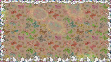 Kart, Davetiye ve Yazdırma için Şirin Kadınsı Desen. Güzel Kelebek Siluetleriyle Moda Dekorasyonu. Renkli Kelebeklerle Bahar Arkaplanı. Bej rengi Raster Arkaplanı.