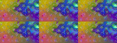 Raster deseni. Patlayan çiçekler soyut olarak yerleştirilmiş. Raster illüstrasyonu. Yumuşak, bahar çiçekleri mavi renklerde.