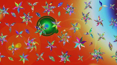 Kumaş, tekstil, duvar kağıdı baskısı için. Renkli desenli eskiz deseni, turuncu çiçekler ve dekoratif elementlerle. Eskiz geçmişi. Raster illüstrasyonu. Antika retro tarzı.