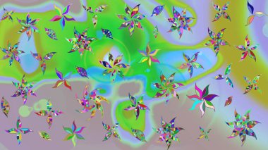 Varicologreen Raster çizimi. Küçük çiçekteki sevimli çiçek deseni. Birçok yeşil soyut çiçekli tropikal çizim deseni.