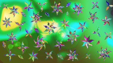 Raster Modaya uygun kumaş deseni. Düz Çiçek Elementleri Tasarımı. Yeşil renkli şirin çiçek deseni. Renkli Bahar Teması çizim şablonu.