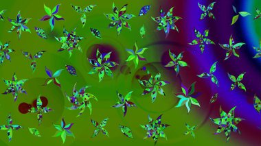 Çok yeşil zarif küçük çiçekler ve yeşil renkli komik böcekler, raster desen, illüstrasyon.