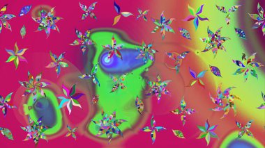 Parlak çiçekli yeşil renkler üzerine soyut çizim deseni. Çiçeksel elementlerle süslenmiş zarif raster dokusu. Küçük çiçekte şirin bir çiçek deseni var..