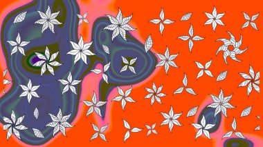 El çizimi çiçek çizimi deseni (fayans). Şirin çiçekli, desenli, turuncu renkli renkli bir eskiz. Tekstil için suluboya çizim deseni.