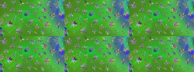 Elle çizilmiş çiçek desenli Raster çizimi. Yeşil arka planda. Tekstil, kumaş, ambalaj, hatıra defteri için hoş bir çiçek arkaplanı. Çocuksu tasarım.