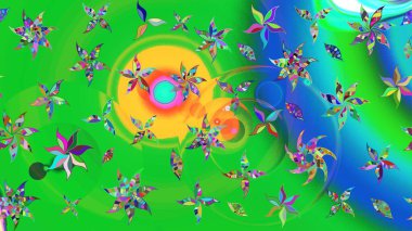 Raster Floral Illustration, Asyalı tekstil. Yeşil renkli etnik çiçeklerle zarif eskiz deseni.