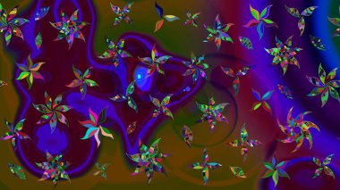 Suluboya elle çizilmiş çiçek desenli eskiz deseni. Parlak renkli fantezi çiçekleri, yapraklar, kahverengi renkli tomurcuklar, kahverengi.