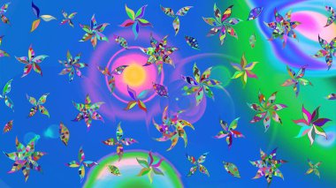 Dallı bahar çiçekleriyle desen, mavi renklerle çiçek siluetiyle desen. Raster deseni.