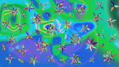 Şirin çiçekli eskiz deseni ve mavi renkli yapraklar, suluboya çiçek deseni, duvar kağıdı, kart veya kumaş için fayanslı. Raster illüstrasyonu.