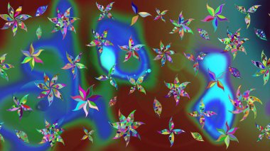 Çok mavi, zarif küçük çiçekler ve mavi renkli komik böcekler, raster desen, illüstrasyon.