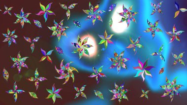 Suluboya elle çizilmiş çiçek desenli eskiz deseni. Parlak renkli fantezi çiçekleri, yapraklar, mavi renkli tomurcuklar.