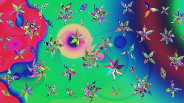 Raster illüstrasyonu. Şirin çiçekli eskiz deseni ve yeşil renkli yapraklar, suluboya çiçek deseni, duvar kağıdı, kart veya kumaş için fayanslı.