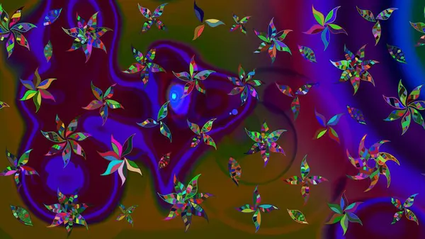 Suluboya elle çizilmiş çiçek desenli eskiz deseni. Parlak renkli fantezi çiçekleri, yapraklar, kahverengi renkli tomurcuklar, kahverengi.