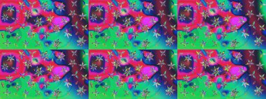 Çiçekli ipek eşarp. El çizimi çiçek unsurları olan soyut çizim raster deseni. 1950-1960 motifleri. Retro tekstil tasarım koleksiyonu. Yeşil yeşile.