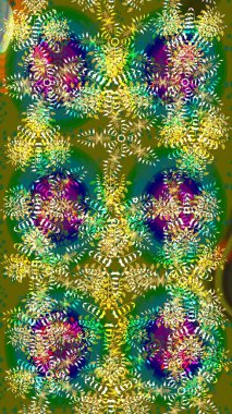 Renkler. Kar tanelerinin soyut arkaplanlı Noel şablonu. Noel ve yeni yıl moda baskıları için tatil tasarımı. Yeşil, kahverengi ve mavi kar taneleri. Raster illüstrasyonu.