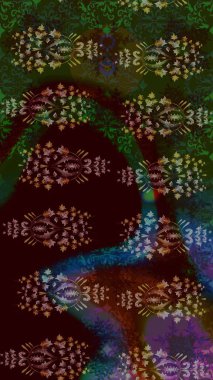 Raster illüstrasyonu. Çiçek buketleriyle klasik bir eskiz şekli. Kahverengi renklerde.