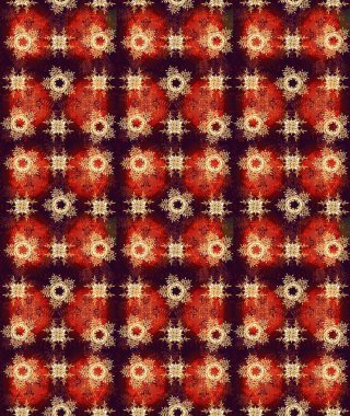 Kar tanelerinin soyut arkaplanlı Noel şablonu. Noel ve yeni yıl moda baskıları için tatil tasarımı. Kırmızı, kahverengi ve turuncu renkler. Raster illüstrasyonu.