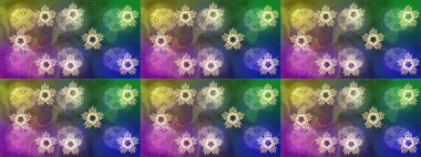 Yeşil, mor ve mavi renkli kristal kar taneleri. Raster illüstrasyonu.