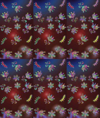 Renkli arka planda izole kar taneleri. Raster illüstrasyonu. Kar taneleri radyal kahverengi, mor ve mavi renkler.