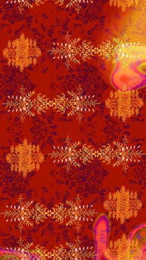 Raster illüstrasyonu. Çiçek Elementleri 'nin soyut geçmişi. Raster kış deseni. Kırmızı, turuncu ve sarı renkler üzerine tasarım.