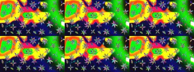 Bir sürü yeşil ve soyut çiçekli tropik eskiz deseni. Küçük çiçekteki sevimli çiçek deseni. Varicologreen Raster çizimi.