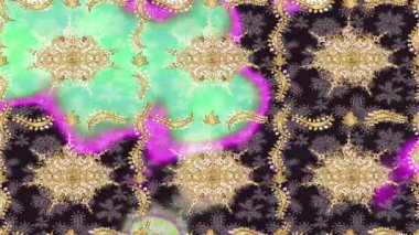 Renkli unsurlarla hareketli arka plan görüntüleri. Çiçekler. Eski model. Bayrak tarzı. Altın, altın. Video kaydı. Şablon.