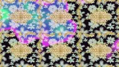 Renkli unsurlarla hareketli arka plan görüntüleri. Çiçekler. Eski model. Bayrak tarzı. Altın, altın. Video kaydı. Şablon.