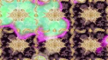 Renkli unsurlarla hareketli arka plan görüntüleri. Çiçekler. Eski model. Bayrak tarzı. Altın, altın. Video kaydı. Şablon.