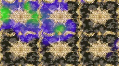 Renkli unsurlarla hareketli arka plan görüntüleri. Çiçekler. Eski model. Bayrak tarzı. Altın, altın. Video kaydı. Şablon.