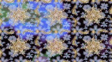Renkli unsurlarla hareketli arka plan görüntüleri. Çiçekler. Eski model. Bayrak tarzı. Altın, altın. Video kaydı. Şablon.