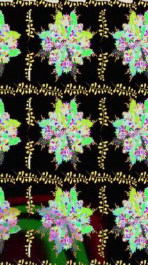 Renkli unsurlarla hareketli arka plan görüntüleri. Çiçekler. Eski model. Bayrak tarzı. Altın, altın. Video kaydı. Şablon.