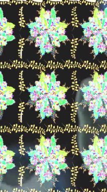 Renkli unsurlarla hareketli arka plan görüntüleri. Çiçekler. Eski model. Bayrak tarzı. Altın, altın. Video kaydı. Şablon.