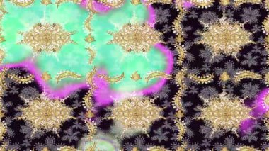 Renkli unsurlarla hareketli arka plan görüntüleri. Çiçekler. Eski model. Bayrak tarzı. Altın, altın. Video kaydı. Şablon.